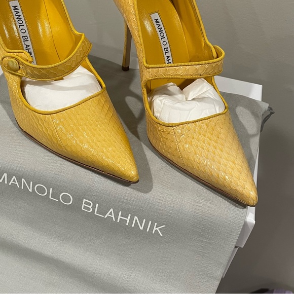 MANOLO BLAHNIK Yellow Mary Jane Snakeskin Heels Pumps CAMPARI Sz 38 NEW $995 - Picture 6 of 15